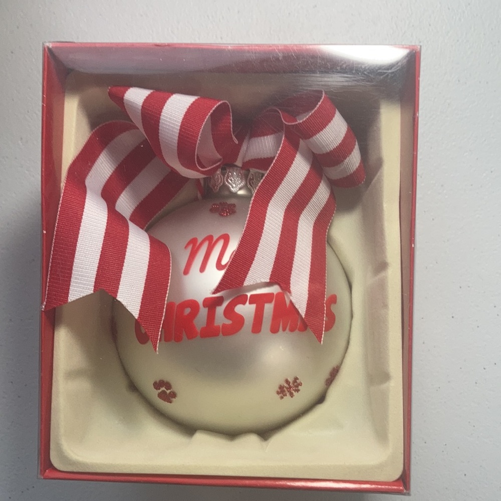 2 ornaments. Meowy Christmas kitty cat themed Holiday ornament w bow w stripes - Picture 13 of 14